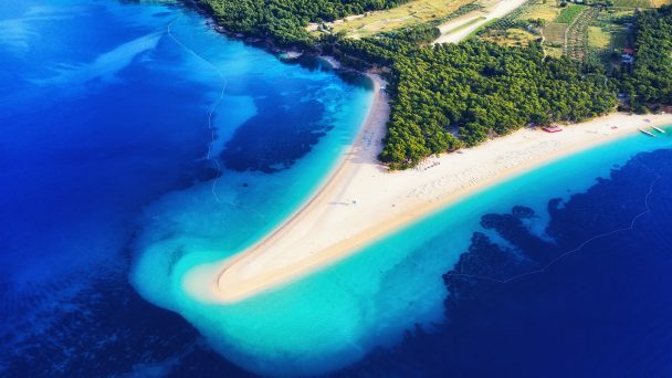 Zlatni rat beach, Hvar island, Croatia. Aerial landscape at the summer time